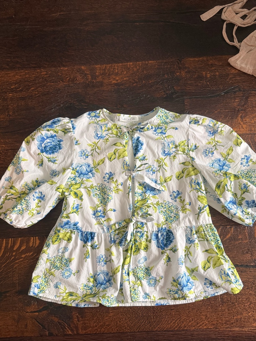 Tie-Front Floral Peplum Blouse in White, Blue & Green